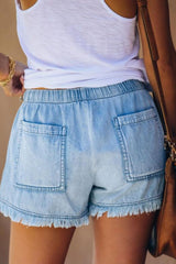 Elastic waist drawstring casual high waist slim denim shorts