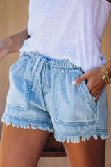 Elastic waist drawstring casual high waist slim denim shorts