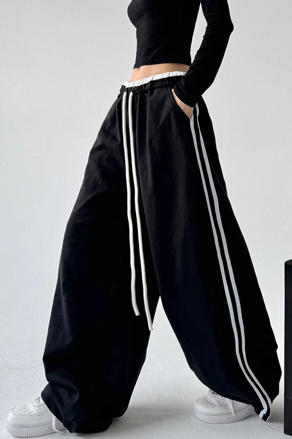 High waist loose casual straight cargo wide leg trousers