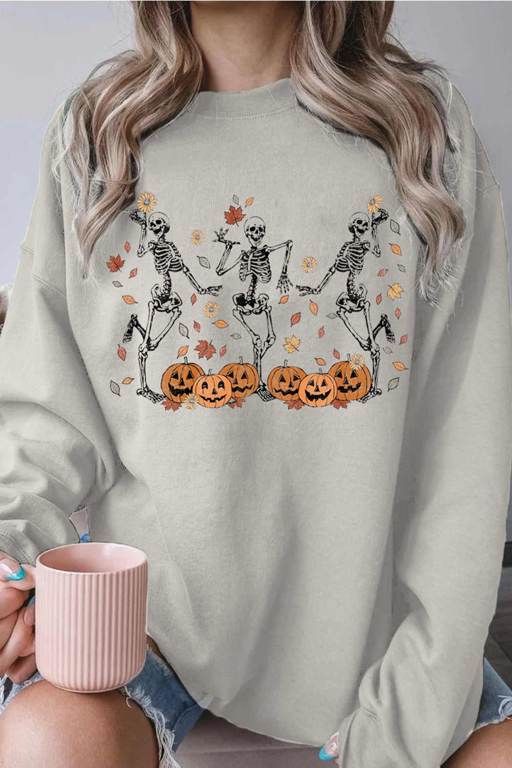 Dancing Skeleton Maple Leaf Halloween Pumpkin Sweatshirt