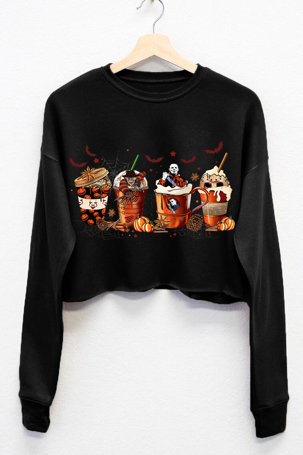 Halloween Skeleton Coffee Cups Crop Sweatshirt For Women