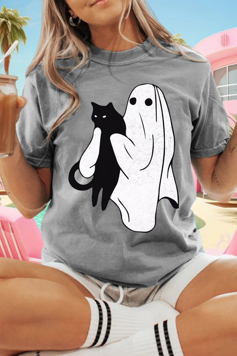 Ghost Holding Black Cat Halloween Tee For Women