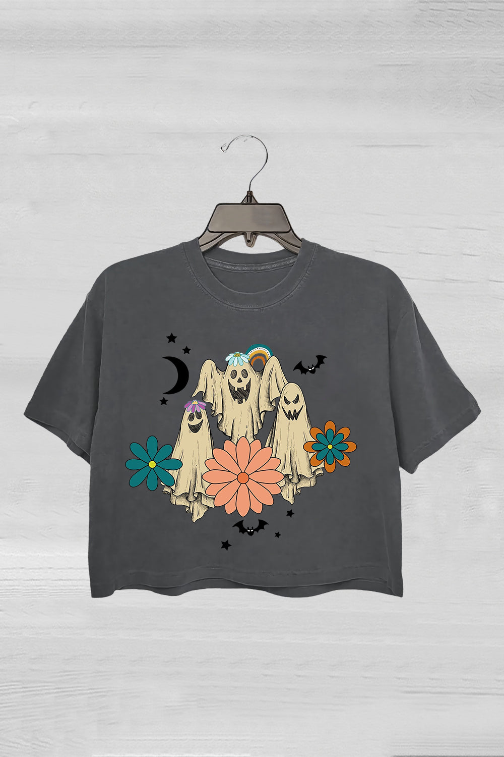 Retro Floral Ghost Halloween Spooky Season Crop Tee For Women