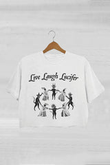 Live Laugh Lucifer Funny Witchcraft  Dancing with the Devil Crop Tee For Women