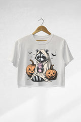 Retro Halloween Cute Raccoon Ghost Crop Tee For Women