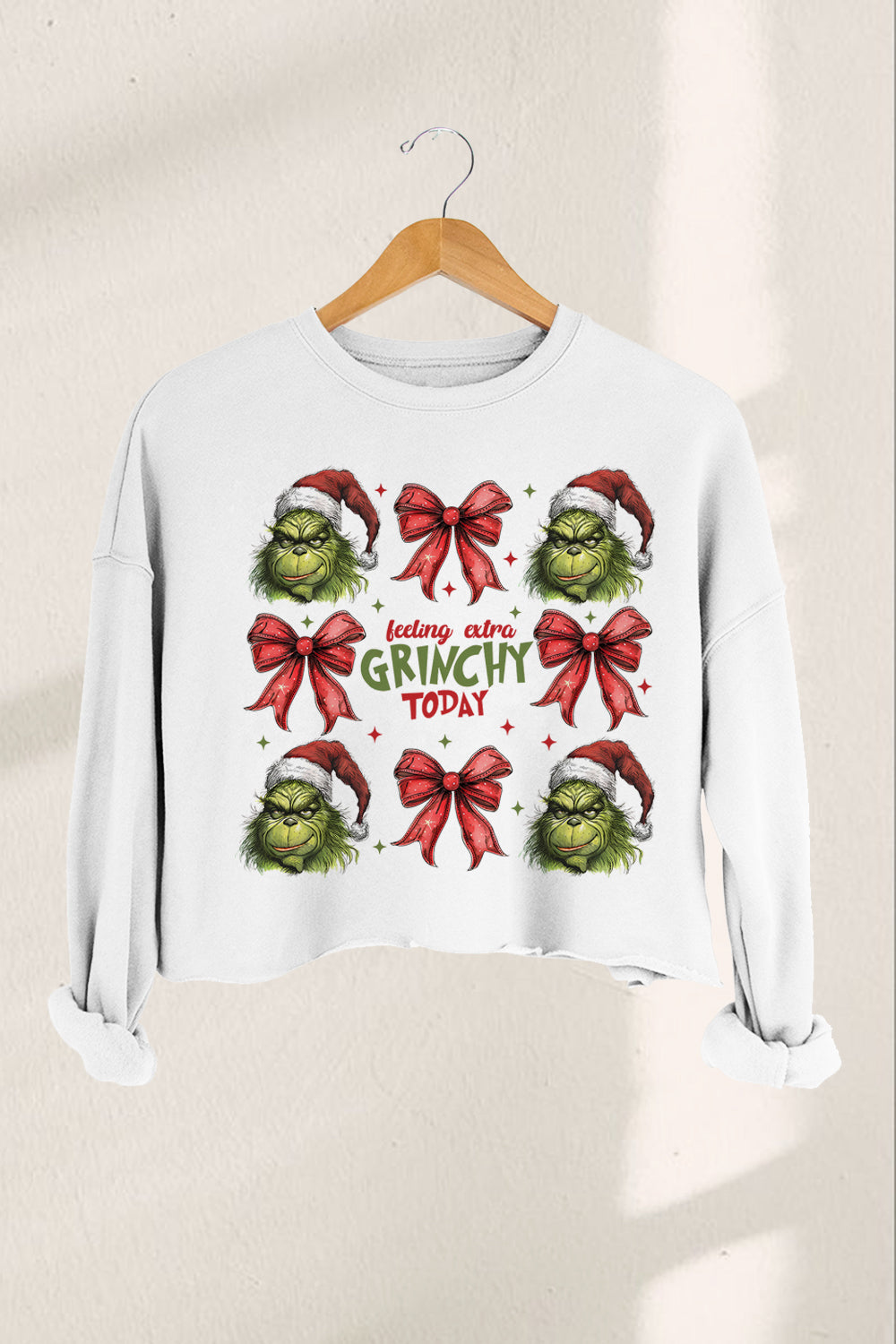 Christmas Coquette Bow  Grinchy Cropped Sweatshirt For Women