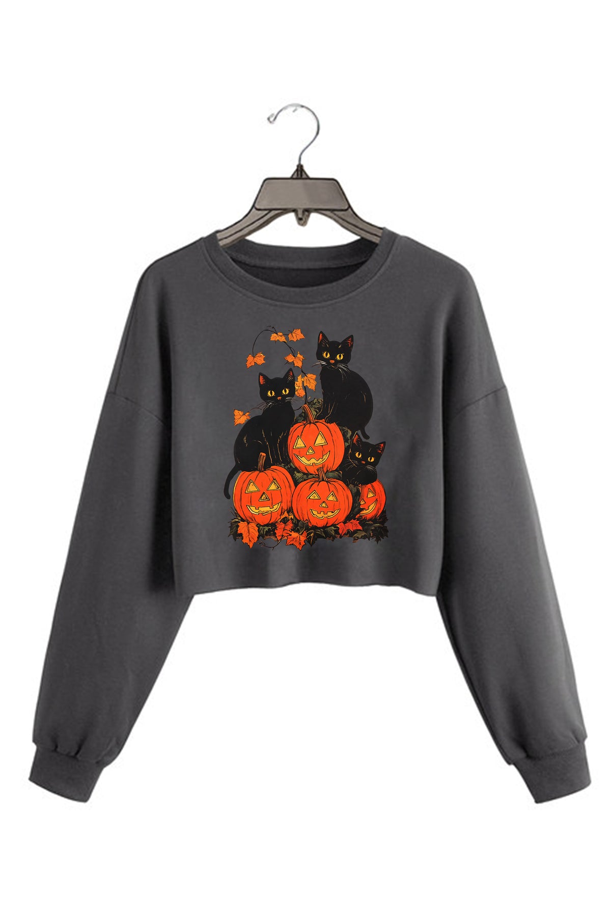 Vintage 90s Black Cat Halloween  Cropped Sweatshirt For Women