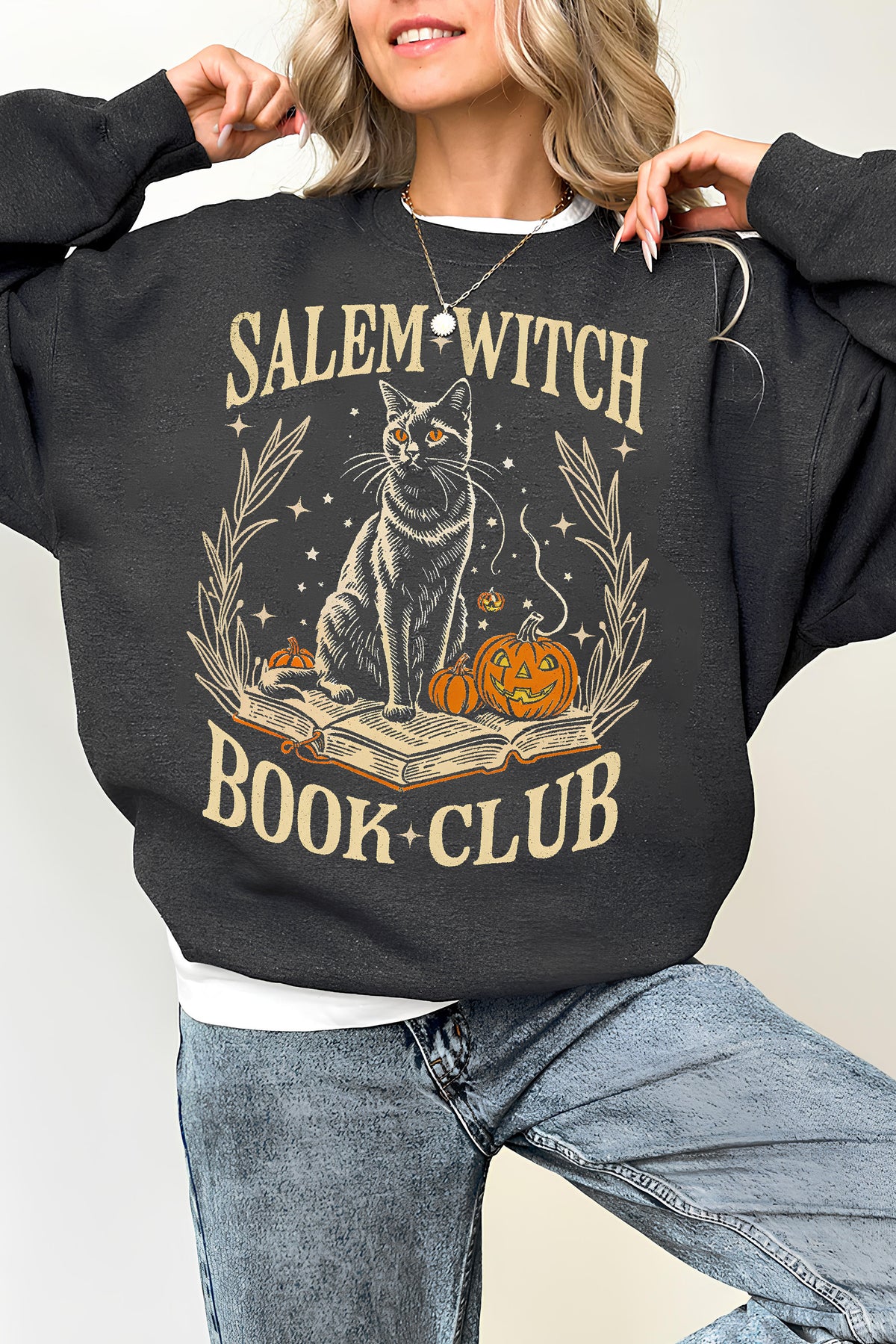 Salem Witch Book Club Black Cat Sweatshirt For Women