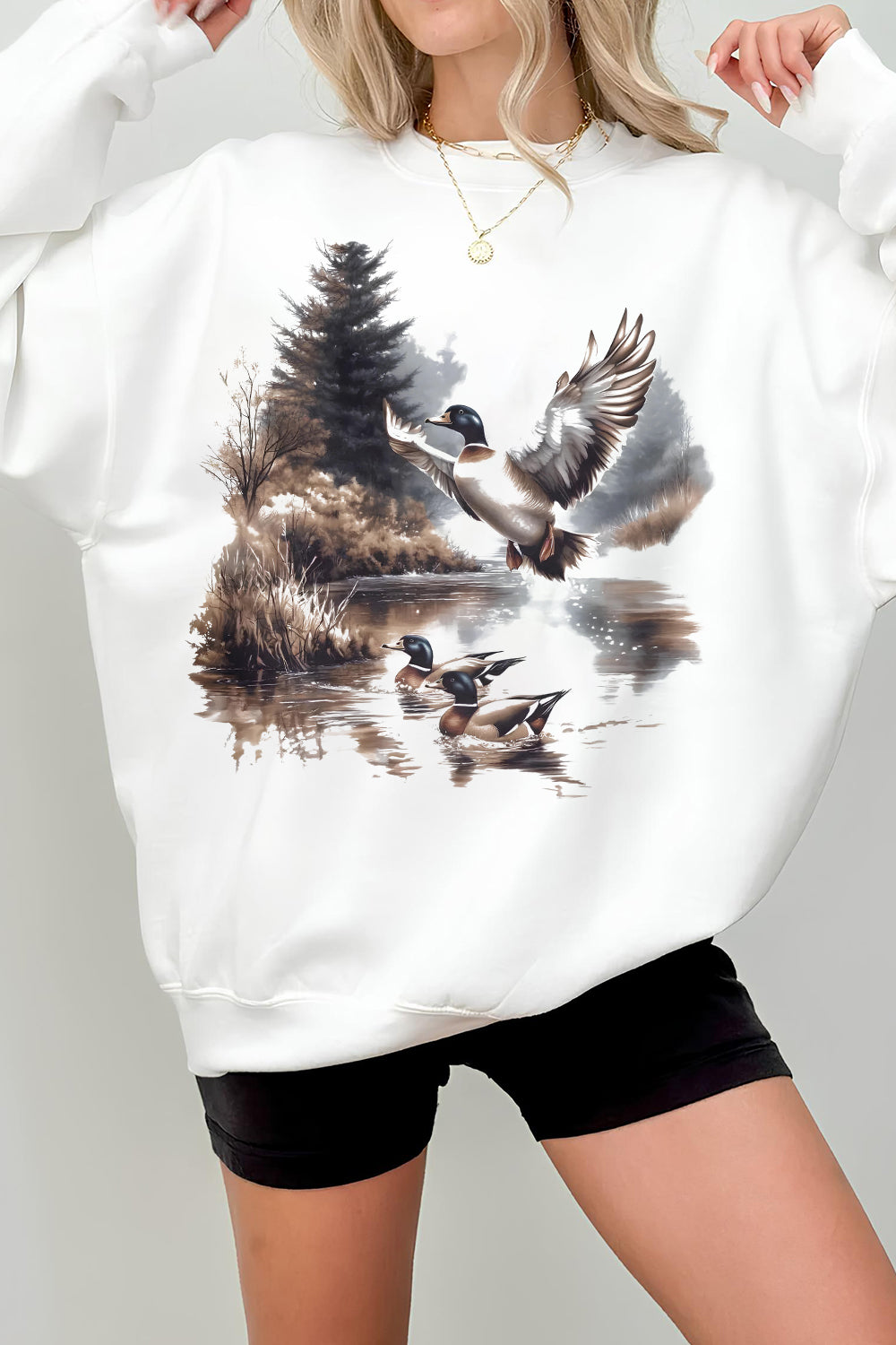 Retro Mallard Ducks Fall Pond Scene  Fleece Sweatshirt For Women