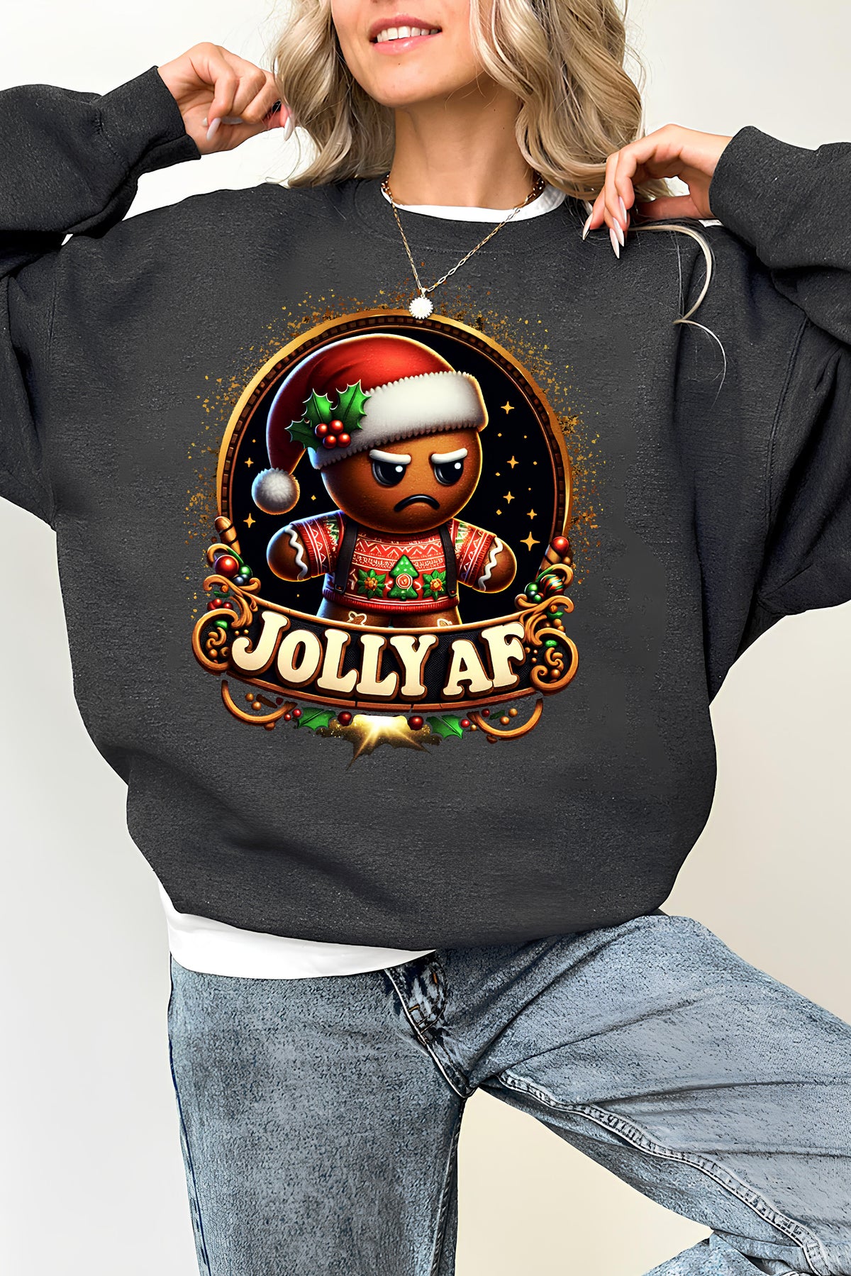 Jolly AF Gingerbread Man Fleece Sweatshirt  For Women