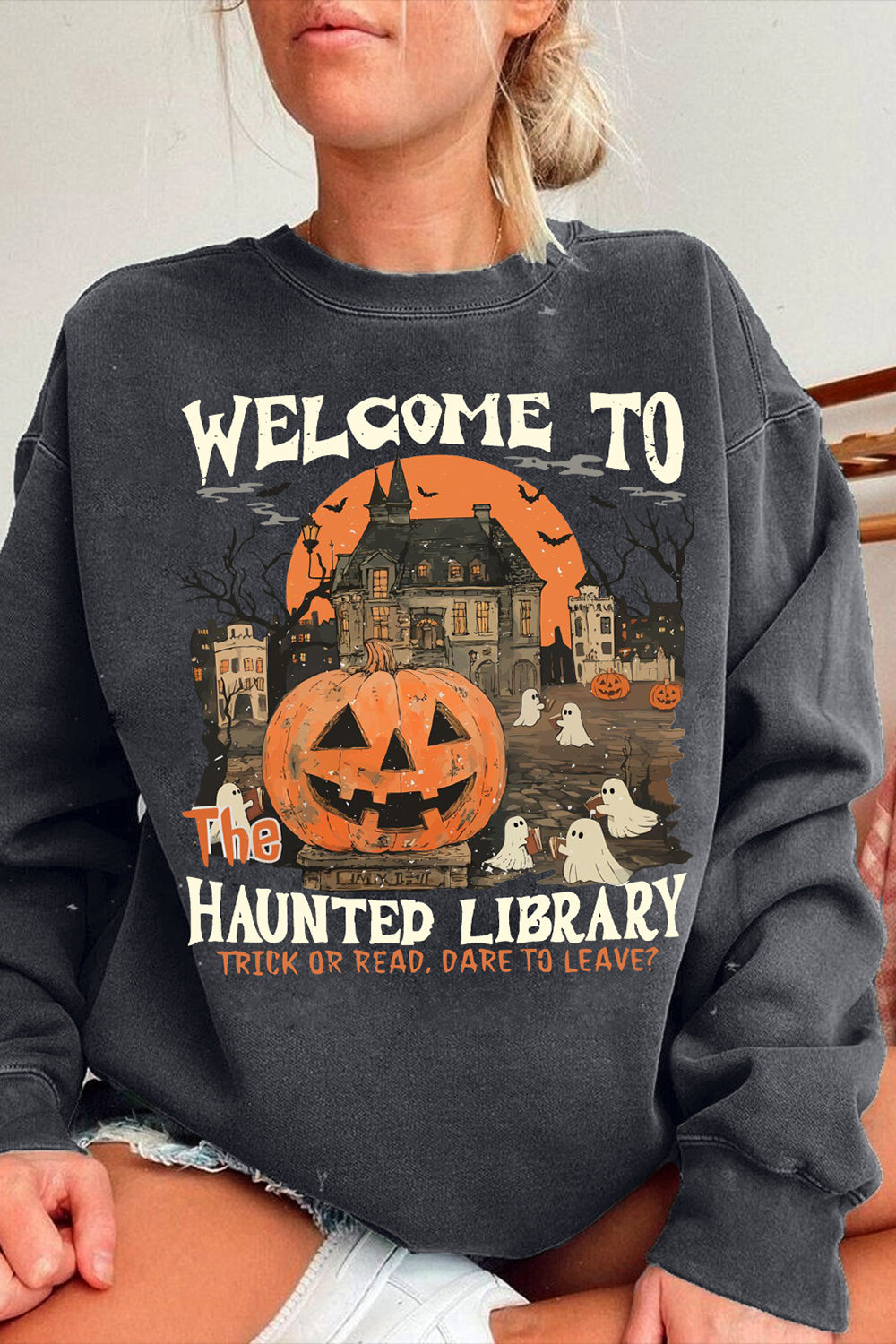 Haunted Library Funny Halloween Bookish Sweatshirt For Women