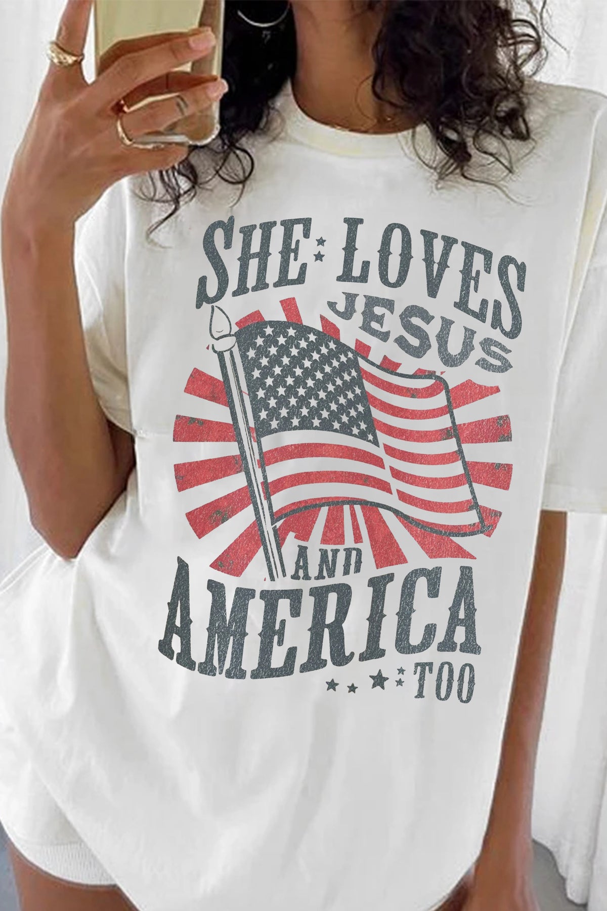 She Loves Jesus and America Too 4th of July  Tee For Women