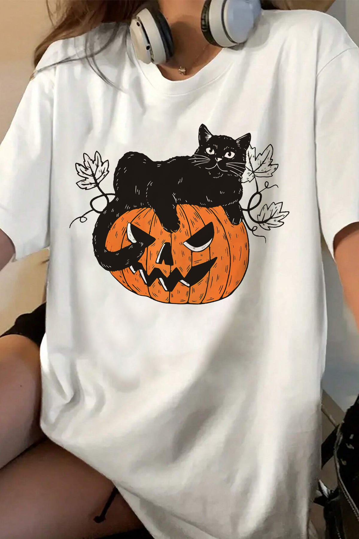 Spooky Pumpkin Halloween Black Cat  Tee For Women