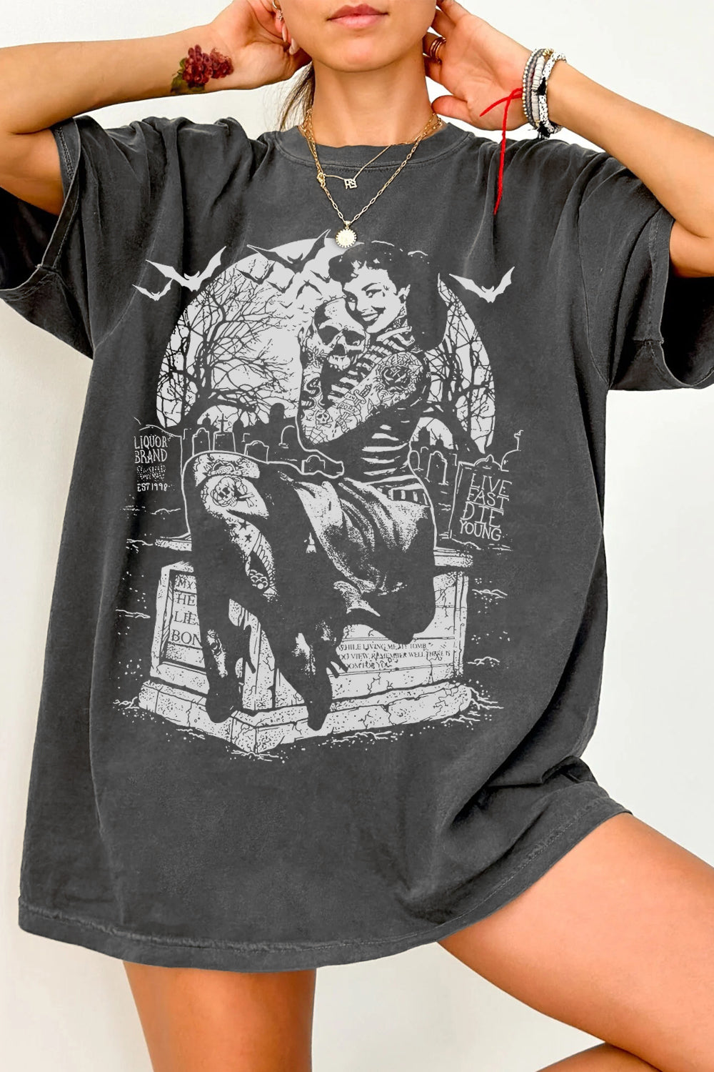 Retro Tattooed Girl Graveyard Skull Punk Tee For Women