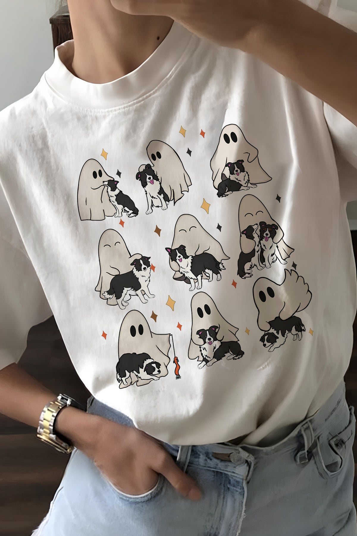 Border Collie And Ghost  Cute Halloween Dog Tee For Women