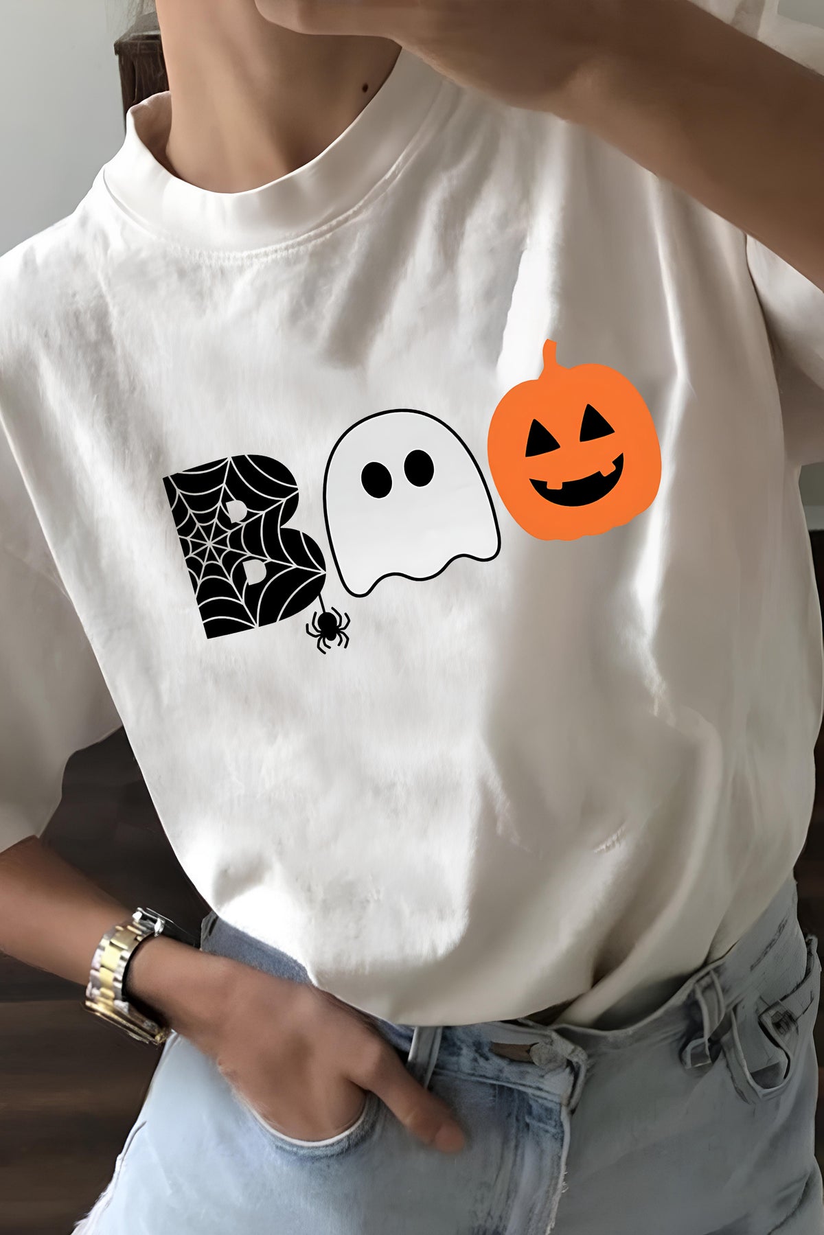 Halloween Ghost Pumpkin Spider  Tee For Women