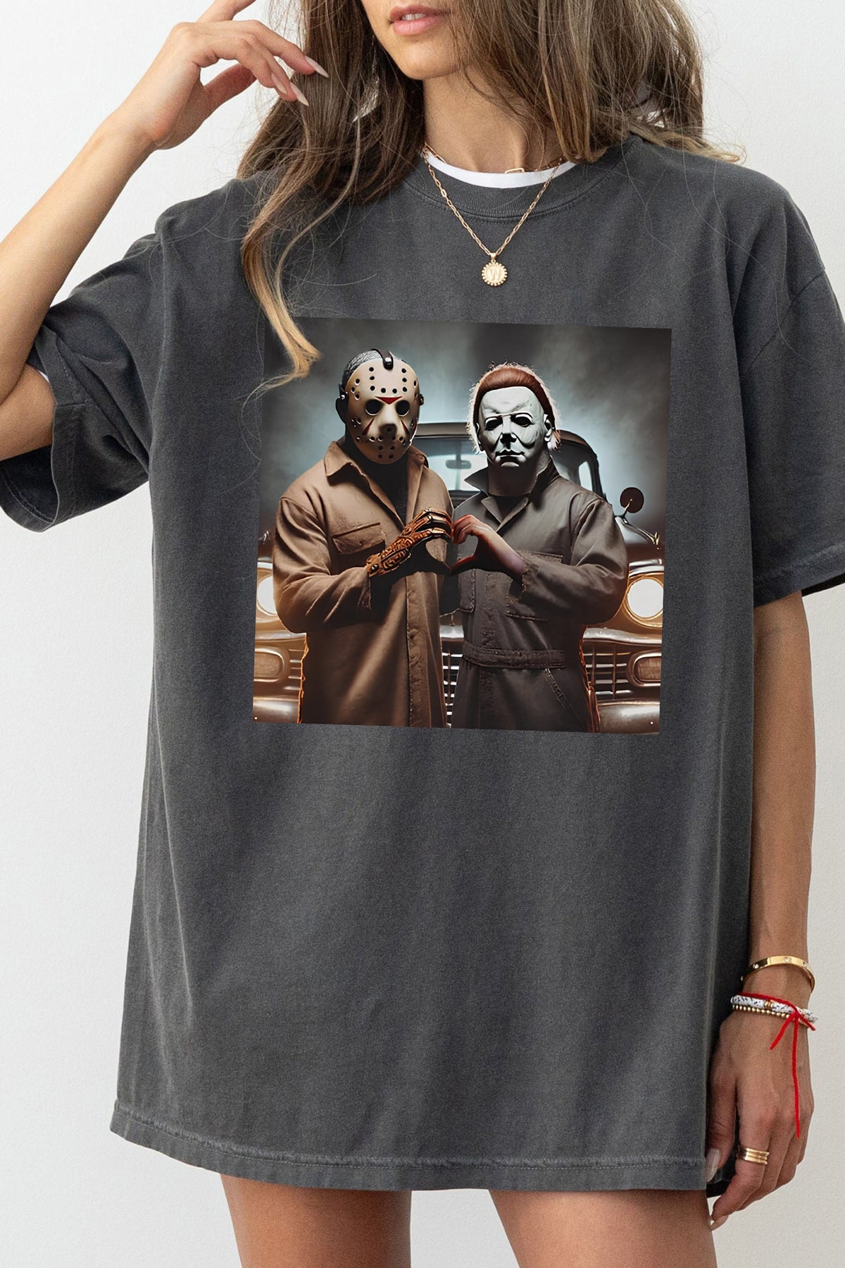 Vintage Jason and Michael Halloween Heart Hands Tee For Women