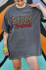 Leopard Print Merry Christmas With Santa Hat Tee For Women