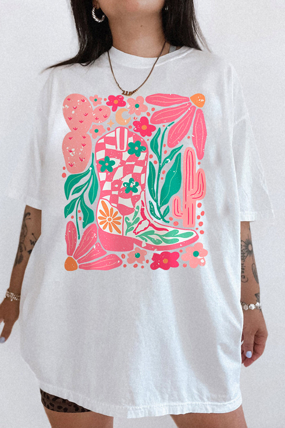 Boho Cowgirl Boot And Flowers Tee For Women