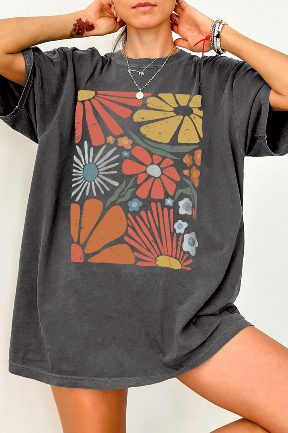 Colorful Retro Groovy Floral Tee For Women