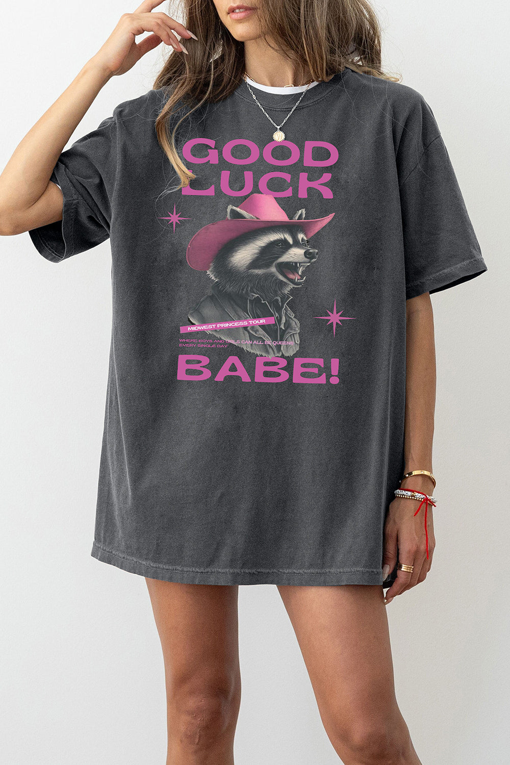 Good Luck Babe Pink Pony Club Cowgirls Western Raccoon Tee For Women