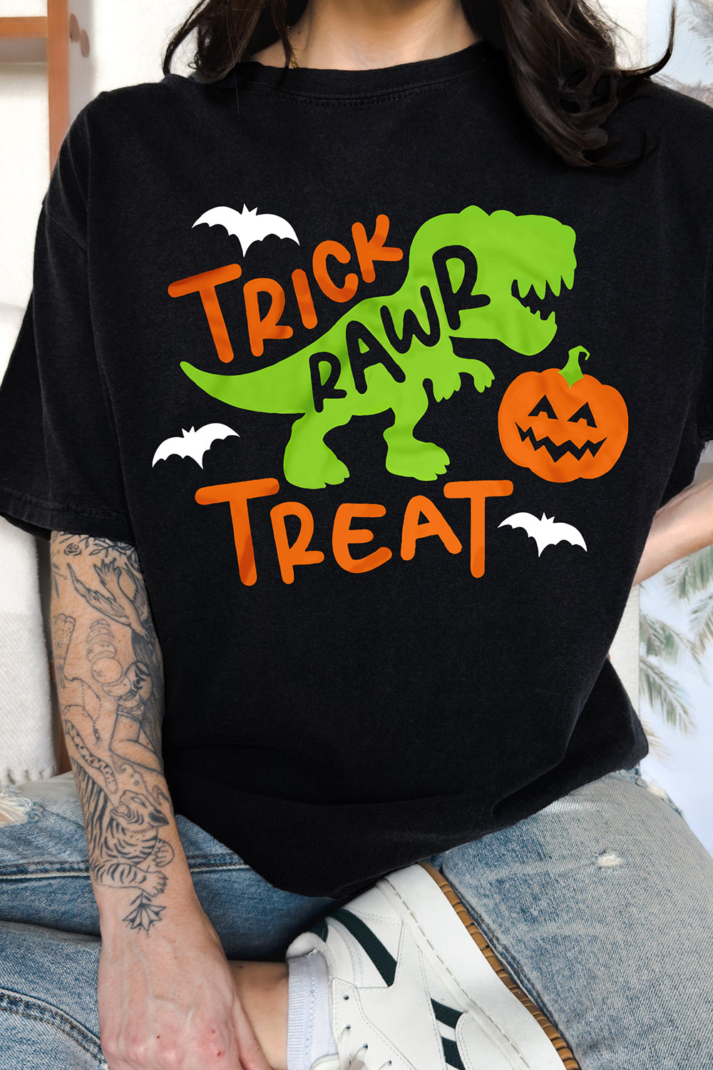 Trick Rawr Treat Dinosaur Funny Halloween T-Rex with Pumpkin Tee For Women