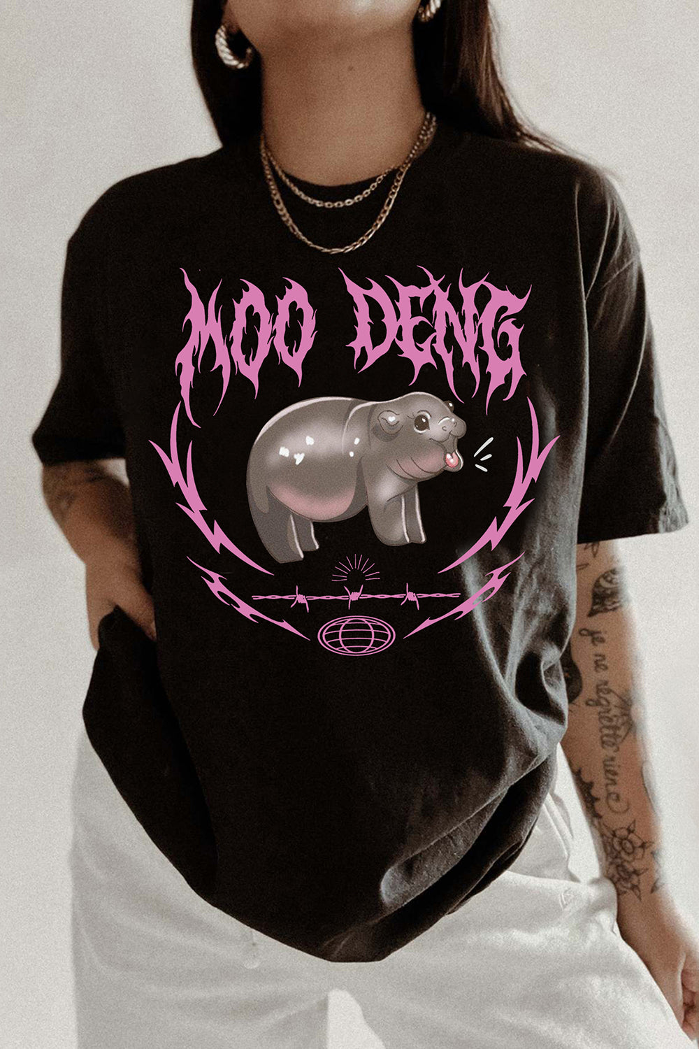 Moo Deng Metal Cute Baby Hippo Tee For Women