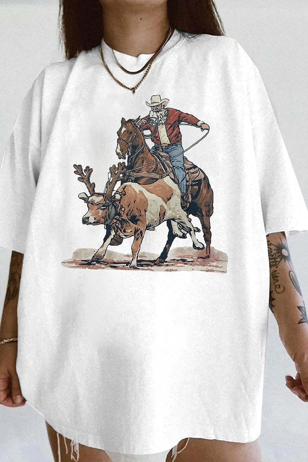 Western Roping Santa Christmas Tee For Women