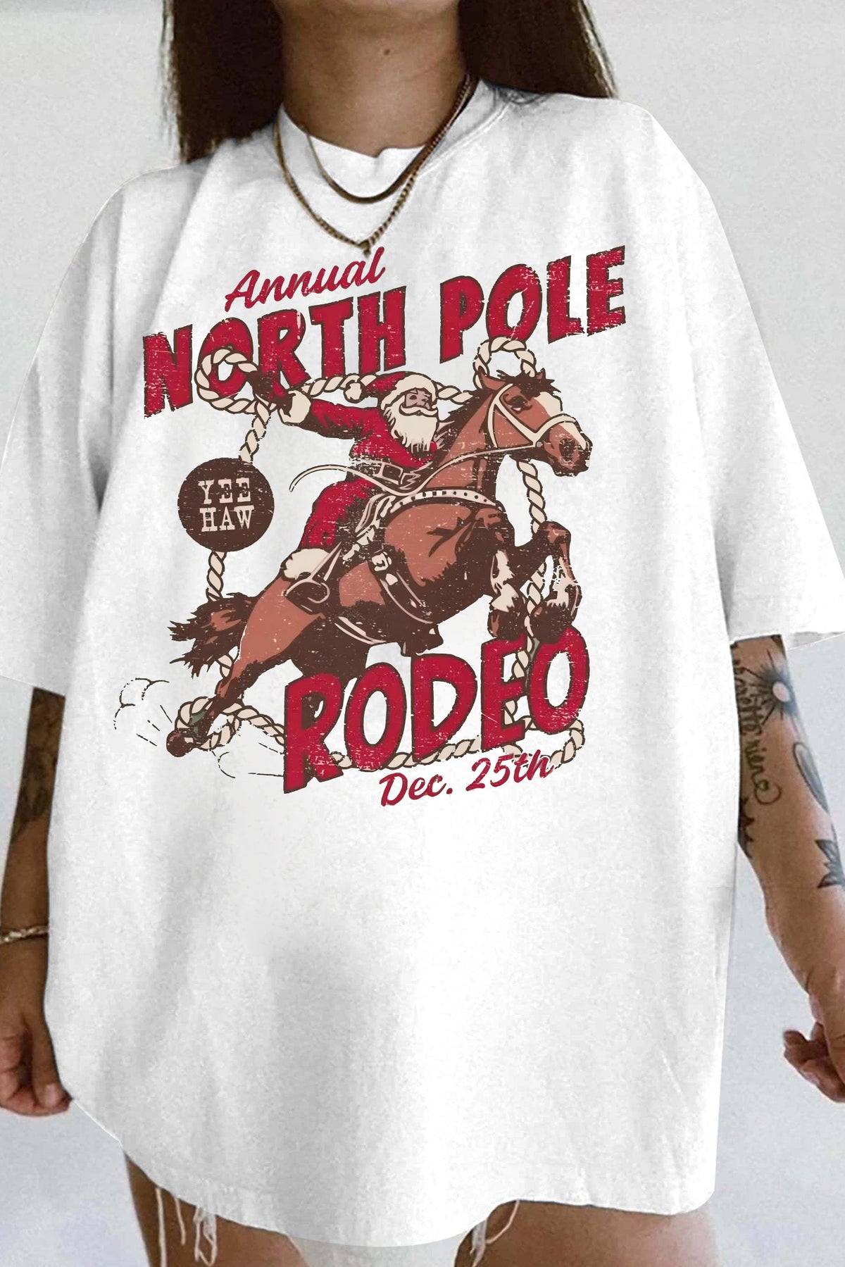 North Pole Rodeo Christmas Cowboy Santa Claus Tee For Women