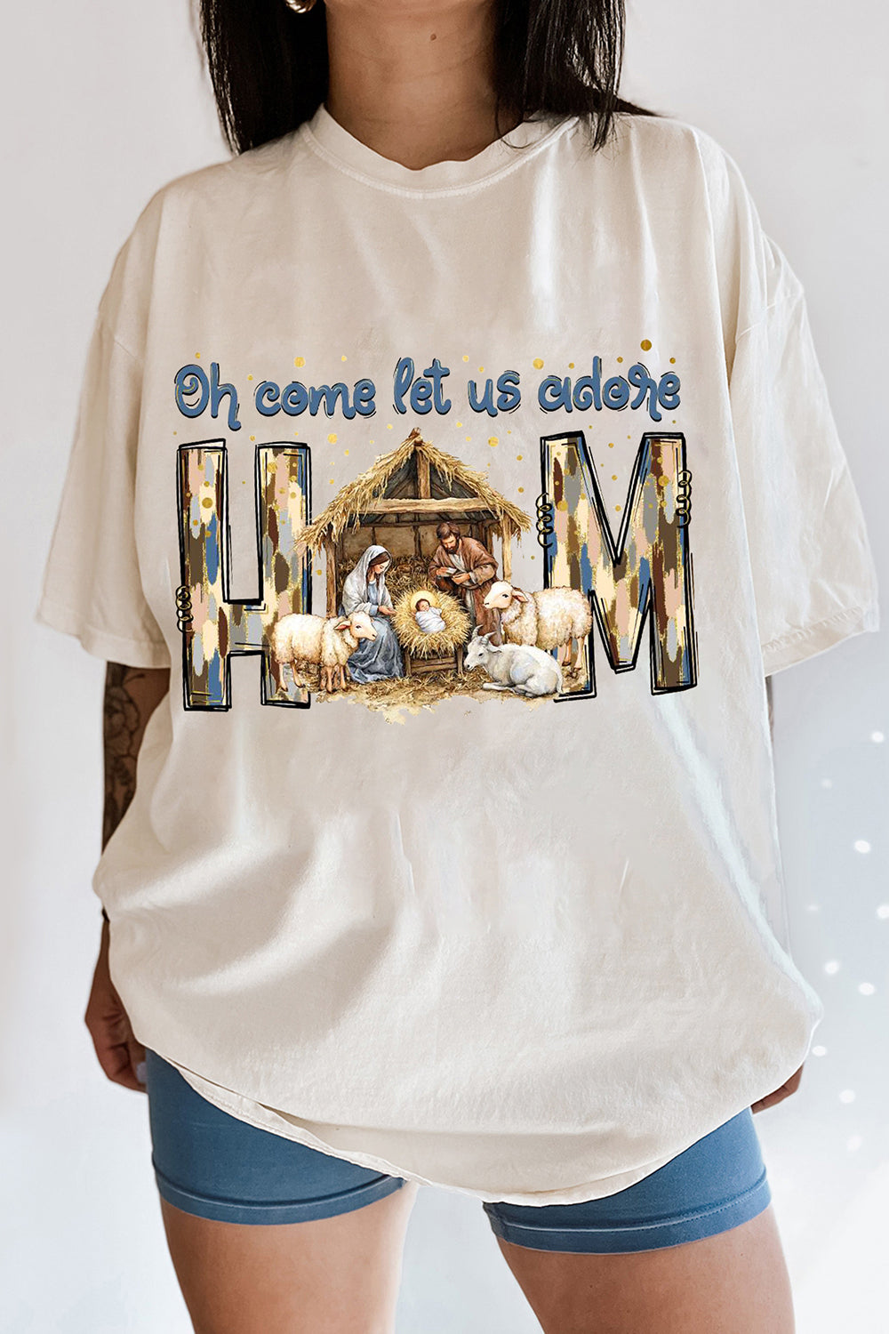 Oh Come Let Us Adore Him Christmas Jesus Tee For Women