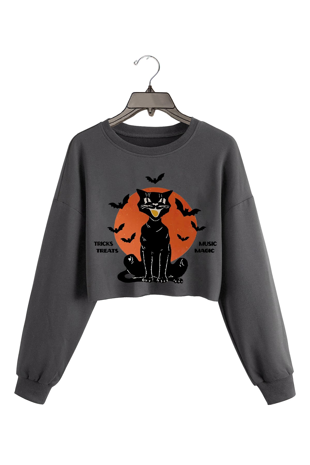 Retro Halloween Cat Crop Sweatshirt For Women