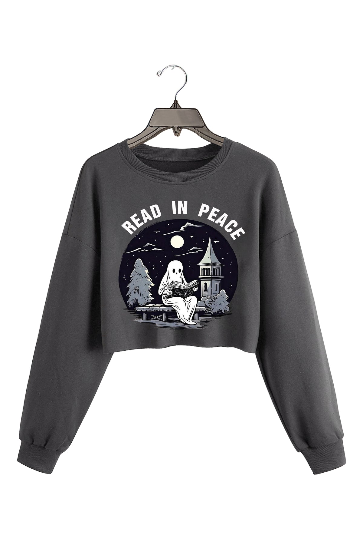 Read In Peace Halloween Ghost Reading Crop Sweatshirt For Women